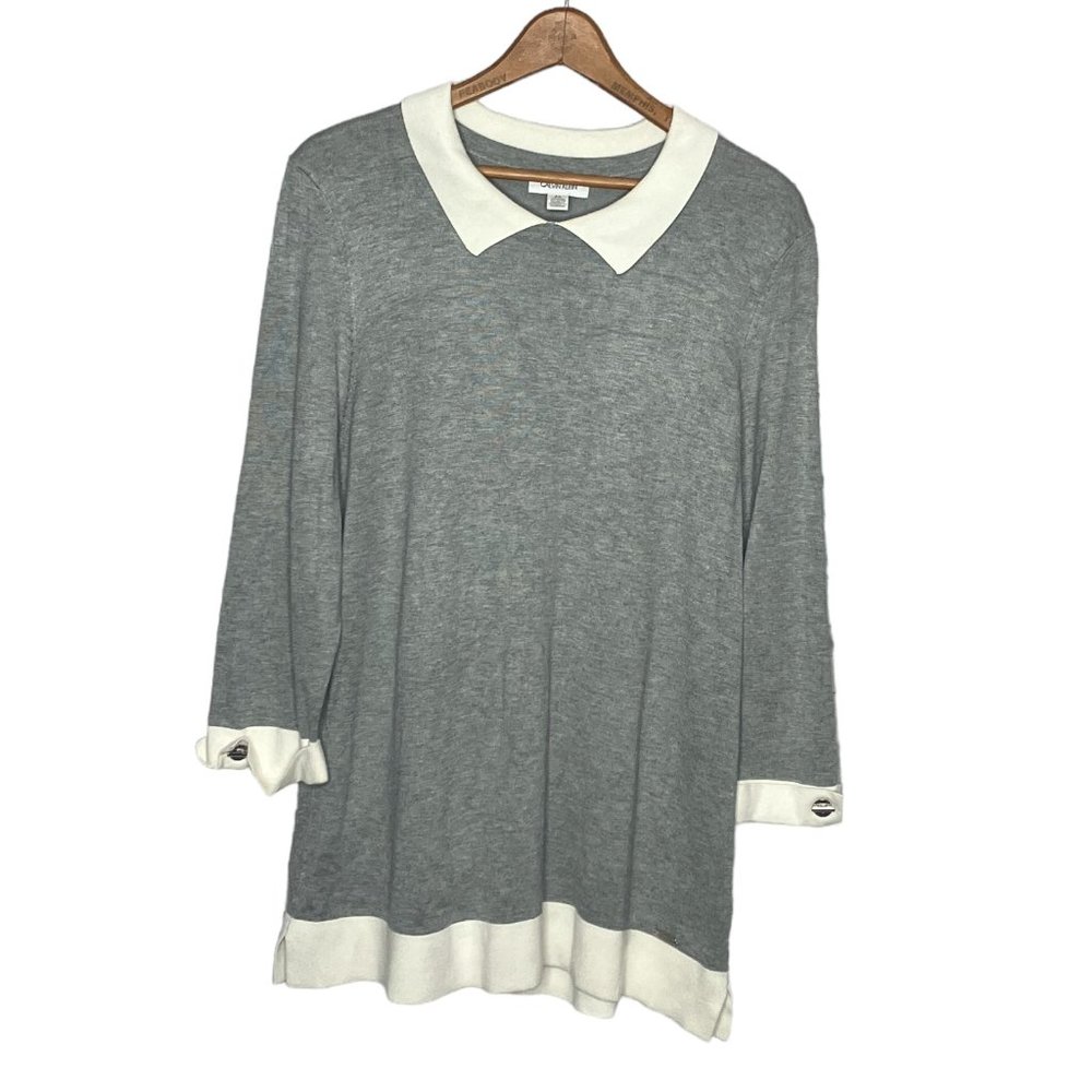Calvin Klein‎ Size Large L Gray White Collared Stretch Knit Pullover Sweater